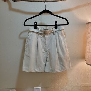 High-Rise Cream Belted Women's Bermuda Shorts